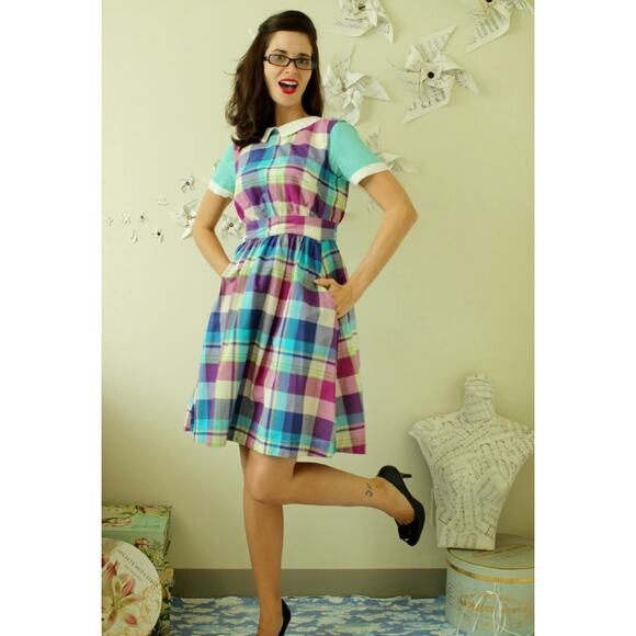 Emily And Fin Modcloth Cotton Plaid Retro Dress XS Too Much Fun - Picture 1 of 12